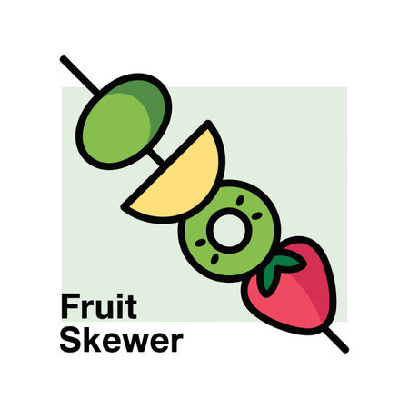A stylized illustration depicts a fruit skewer with a lime, kiwi, and strawberry. The fruits are depicted in a simplified, cartoonish style with bold outlines and solid colors. The background is a pale green square. The overall style is clean and modern, suitable for use in various contexts such as menus, recipes, or health-related materials. The colors are bright and cheerful, evoking a feeling of freshness and healthiness.のイラスト素材