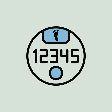 A simple vector illustration of a digital bathroom scale icon. The scale is circular with a light blue display showing the number 12345.  A small footprint symbol is visible on the top part of the display. The scale's outline is black, and the background is a pale grey. The style is minimalist and flat.のイラスト素材