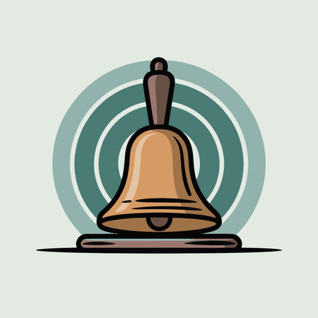 A vector illustration of a gold bell sitting on a small brown rectangular base against a teal...