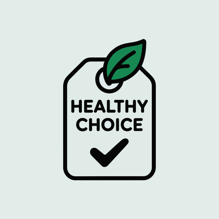 A vector illustration of a white tag with a black outline. The tag features the text "HEALTHY CHOICE" in black uppercase letters and a green checkmark below. A small green leaf is positioned at the top of the tag. The style is simple and minimalist, using bold outlines and flat colors against a light gray background. The overall mood is positive and associated with healthy choices and eco-friendliness.のイラスト素材