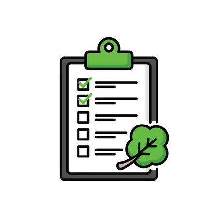 This image shows a stylized illustration of a clipboard with a checklist. Three checkboxes are marked with green checkmarks indicating completion.  Several unchecked boxes remain. A small green leaf with a twig is positioned near the bottom right corner of the clipboard. The style is simple and flat with bold outlines and solid colors. The overall color palette is primarily black, white, and green. The image is suitable for use as an icon or graphic element related to environmental themes, task management, or business processes.のイラスト素材