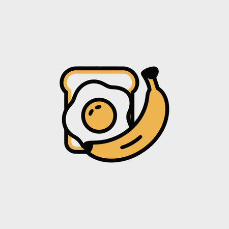 A simple line art illustration depicts a fried egg on a slice of toast accompanied by a banana. The style is minimalist with bold outlines and flat colors. The egg is white with a yellow yolk, the toast is light orange, and the banana is a darker shade of yellow. The composition is straightforward, with the food items arranged in a visually appealing manner. The overall mood is light and cheerful, suitable for use in menus, recipes, or other food-related applications. The image is clean and easily scalable for various uses.のイラスト素材
