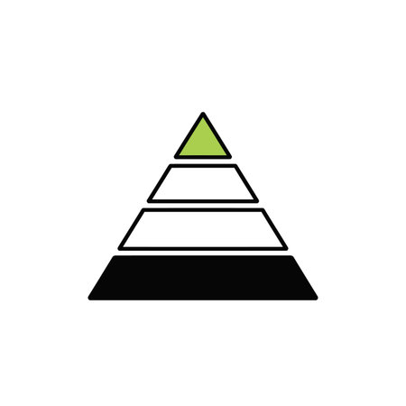 A simple pyramid chart graphic is shown against a white background. The pyramid is composed of four horizontal layers. The top layer is a small light green triangle. The three layers below are white rectangles, and the base is a black rectangle.  The lines outlining each layer are black. The style is minimalist and clean.のイラスト素材