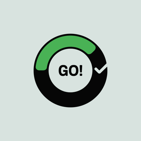 The image shows a circular button icon designed as a partially completed ring.  The majority of the ring is black, while a segment is filled with a medium green color.  Inside the circle, the word GO! is displayed in bold black lettering. A small white check mark is visible at the end of the green segment. The background is a light gray. The style is simple and flat, with solid colors and no gradients or textures.のイラスト素材