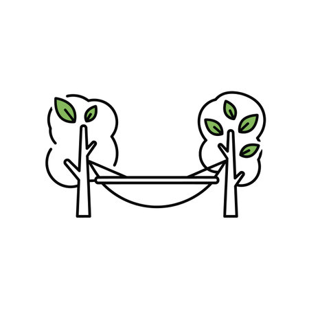 A line art illustration depicts a hammock strung between two stylized trees. The trees have simple, rounded canopies with a few small green leaves. The hammock is represented by a curved line suggesting fabric, and the ropes connecting it to the trees are also shown as lines. The overall style is minimalist and clean, using black lines on a white background with the addition of light green for the leaves. The image evokes a sense of relaxation and tranquility associated with outdoor settings. The style is suitable for various applications, including website design, app icons, or print materials.のイラスト素材