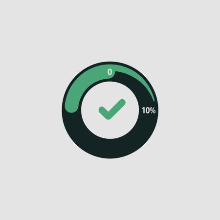 The image shows a circular progress bar. The bar is predominantly dark green with a segment of lighter green indicating 10% completion. A green checkmark is centered within the circle.  The numbers 0 and 10% are displayed at the top and right side of the circle respectively. The style is simple and flat, suitable for digital interfaces. The background is a light gray. The overall mood is one of straightforward data representation.のイラスト素材