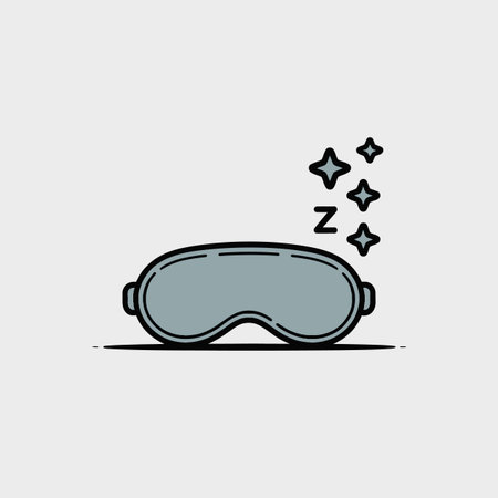 A simple line art illustration of a grey sleep mask.  The mask is depicted in a muted blue-grey tone with a black outline. Above the mask, small stars and the letter Z are shown, suggesting sleep and dreams. The style is minimalist and clean, suitable for use as a digital icon or graphic element. The overall mood is peaceful and calming.のイラスト素材