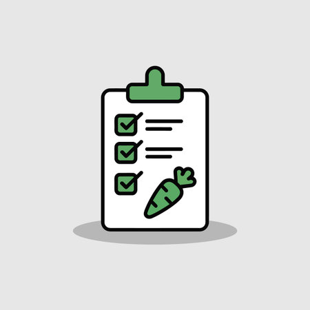 A simple illustration depicts a white clipboard with a green header.  Three checkboxes are ticked in green, indicating completion.  Beneath the checkboxes are three blank lines for additional tasks. A green carrot icon is positioned near the bottom right. The style is minimalist and flat, with bold black outlines and a light gray shadow cast beneath the clipboard. The overall color palette is muted and calming.のイラスト素材