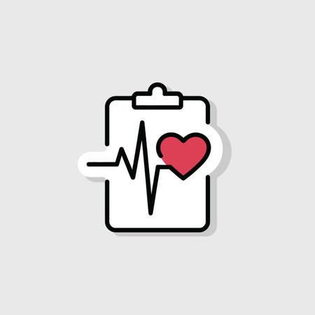 A simple vector illustration depicting a clipboard with a stylized red heart and heartbeat line graph. The icon is presented as a sticker with a white background and black outline. The style is minimalist and flat, using only a few colors. The heart is a solid red color, while the heartbeat line and clipboard are black. The overall mood is clean and informative, suitable for medical or healthcare contexts.のイラスト素材