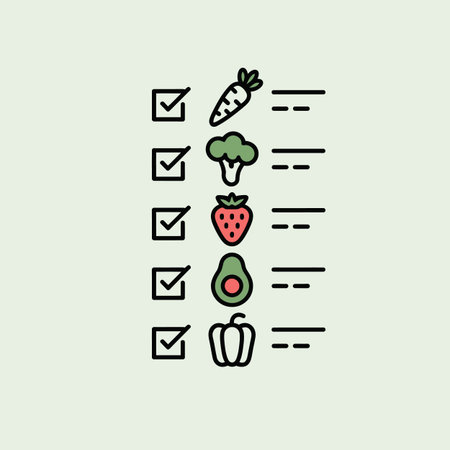 A vertical checklist features five common grocery items: a carrot, broccoli, strawberry, avocado, and bell pepper. Each item is accompanied by a checkmark and a blank space for quantity or notes.  The style is simple, flat vector illustration with a pale green background.  The colors are muted and consistent, creating a clean and organized visual. The overall mood is calm and functional, suitable for applications related to healthy eating and meal planning.のイラスト素材