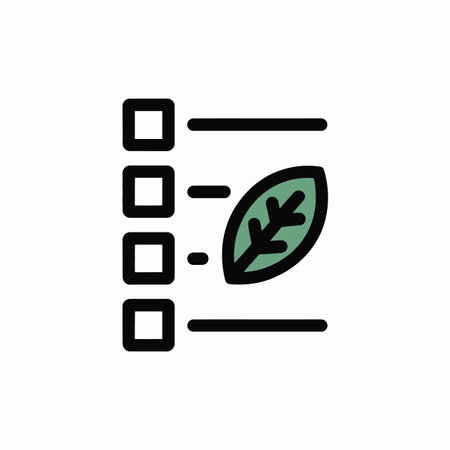 A simple flat design icon depicting a checklist with four empty checkboxes and a single green leaf. The leaf is positioned slightly offset from the checklist, suggesting a connection between the list and nature or environmental themes. The color palette is minimalist, using black for the checklist and a muted green for the leaf against a white background. The style is clean and easily scalable for various applications.のイラスト素材