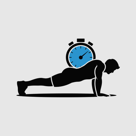 A vector illustration depicts a male silhouette performing a plank exercise. A blue stopwatch is positioned behind him, suggesting timed exercise. The style is simple and graphic, using only black and blue against a light gray background. The image conveys a sense of fitness, strength, and timed training.  The silhouette is detailed enough to show the body position clearly.のイラスト素材