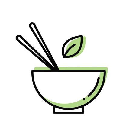 A simple line art illustration depicts a light green bowl with black outline. Two black chopsticks rest atop the bowl. A single light green leaf floats above the bowl. The style is minimalist and clean, suggesting healthy or Asian cuisine. The image uses a limited color palette of black and light green against a white background.のイラスト素材