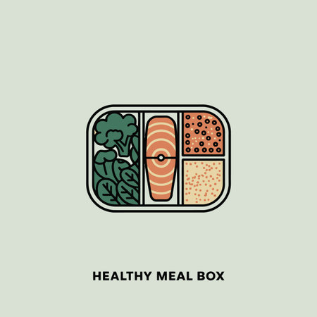 A stylized illustration depicts a rectangular meal prep box divided into four compartments.  Each section contains a different food item: a piece of salmon in coral orange, broccoli florets in dark green, spinach leaves in a lighter green, and two types of grains or seeds in beige and dark brown. The overall style is minimalist line art with muted earth tones on a light green background. The image is clean and simple, focusing on the healthy components of the meal. The linework is consistent and the colors are flat and untextured.のイラスト素材