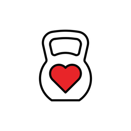A simple graphic illustration depicts a white kettlebell with a bold black outline. Centered within the kettlebell is a solid red heart. The image is minimalist, using only three colors: white, black, and red. The style is clean and modern, suitable for various fitness or health-related applications. The contrast between the colors is sharp and easily visible.のイラスト素材