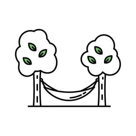 This image is a line art illustration depicting a hammock strung between two stylized trees.  The trees have simple, rounded crowns with a few small green leaves. The hammock is represented by a curved line suggesting fabric. The overall style is minimalist and clean, using black outlines and a light green for the leaves against a white background. The lines are consistent in thickness, creating a uniform and simple aesthetic. The mood is serene and peaceful, suggesting relaxation and outdoor leisure.のイラスト素材