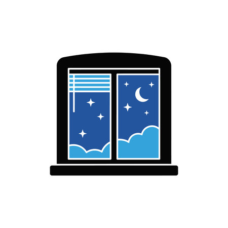 A simple vector illustration depicts a black window frame with partially closed blinds on one side and a view of a night sky on the other. The night sky is a dark blue, featuring a crescent moon, several small white stars, and light blue clouds near the horizon. The blinds are light blue with horizontal stripes. The overall style is minimalist and flat. The image evokes a feeling of peace and quiet.のイラスト素材
