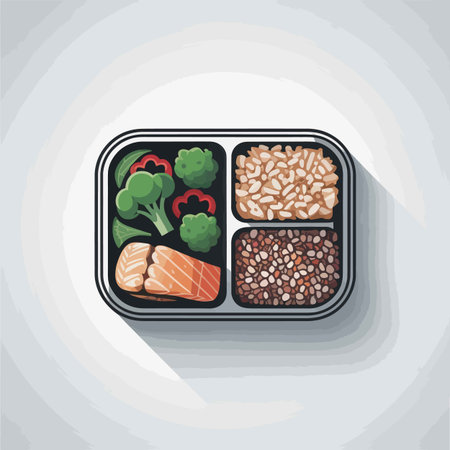 A stylized illustration depicts a rectangular bento box viewed from directly above.  The box is divided into four compartments. One section contains a piece of grilled salmon, another shows broccoli florets and red bell pepper slices.  Two other compartments are filled with different types of grains; one light brown, possibly brown rice, and the other a darker mix of grains, perhaps quinoa or lentils. The colors are muted and slightly desaturated, creating a calm and healthy feel. The style is simple and clean, with a flat, slightly cartoonish rendering of the food.  The background is a light gray with a subtle radial gradient. A long shadow is cast beneath the box.のイラスト素材