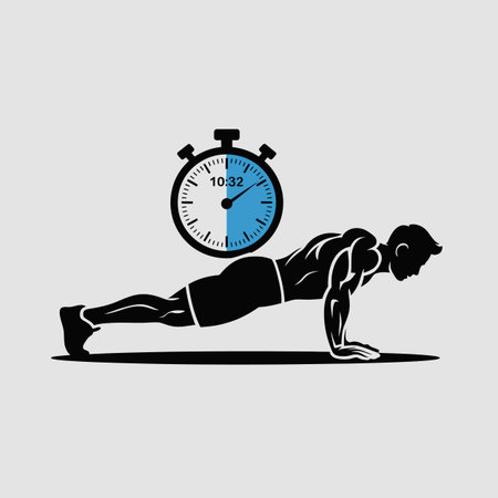 A stylized black silhouette of a muscular man performing a plank exercise is depicted. Above him, a stopwatch displays 10:32, indicating the time elapsed. The stopwatch is half white and half light blue. The image is minimalist, using only black and light blue against a light gray background. The style is simple and graphic, suitable for fitness-related content.のイラスト素材