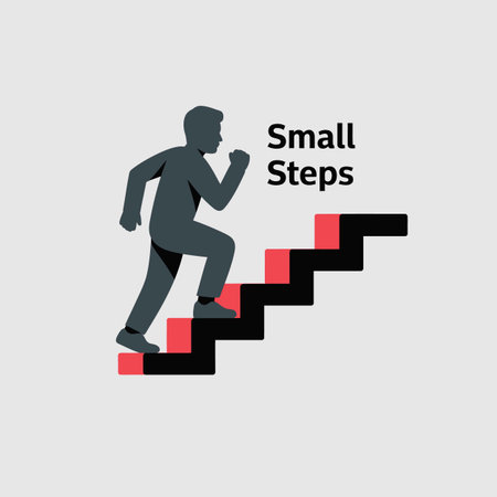 A minimalist vector illustration depicts a dark gray silhouette of a man climbing a staircase. The...