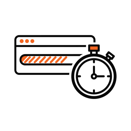 Line art illustration featuring an orange and black website loading bar next to a stopwatch indicating rapid loading time.  The style is simple and clean with bold lines.のイラスト素材