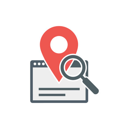 A red location pin and a grey magnifying glass are positioned over a grey website browser icon.  The style is simple and flat.のイラスト素材