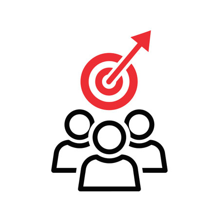 Three black outline person icons sit below a red target with an upward pointing arrow. The style is simple and minimalist. The color contrast is striking.のイラスト素材