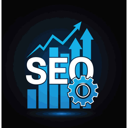 A graphic design depicting SEO text overlaid on a blue bar graph with rising arrows and a gear icon.  The color scheme is primarily blue and white against a dark background. The style is clean and modern.のイラスト素材