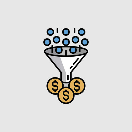 A light gray funnel with blue circles flowing into it and three gold dollar coins at the bottom against a light gray background The illustration uses simple lines and flat colors creating a clean minimalist styleのイラスト素材