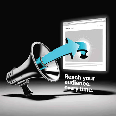 A silver megaphone projects a teal arrow towards a website displaying the word Retratom. The scene...