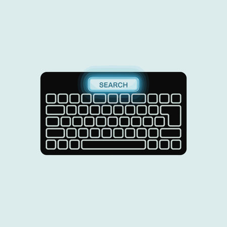 A top-down view of a black computer keyboard featuring a glowing light blue search button The...