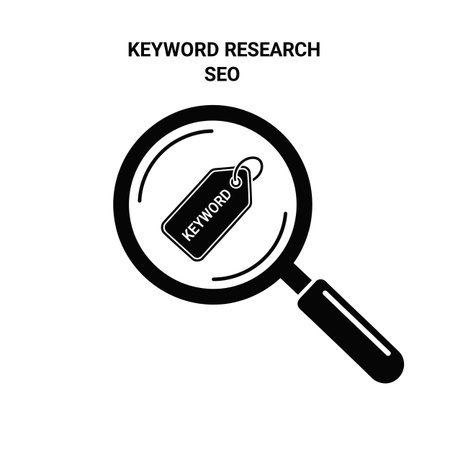 A black magnifying glass is shown enlarging a black keyword tag against a white background The word KEYWORD is visible on the tag.  The image is simple and graphic in style.のイラスト素材