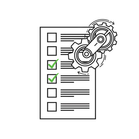 A line art illustration depicts a checklist with two interconnected gears signifying a process.  Two items are checked off in green. The style is simple and minimalist, using only black lines on a white background.のイラスト素材
