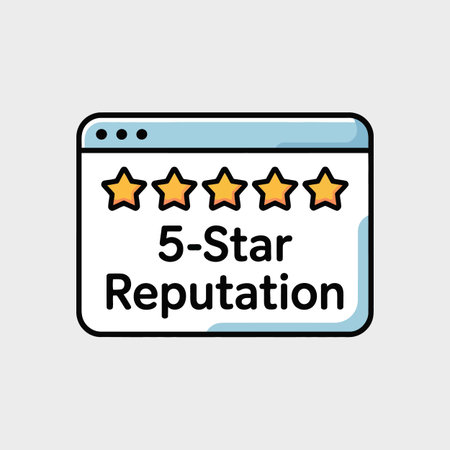 A light blue and white browser window displays five gold stars and the text 5-Star Reputation.  The style is simple and clean with bold outlines.のイラスト素材