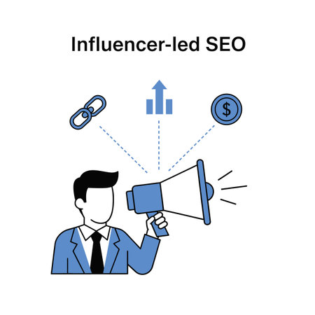 A simple vector illustration depicts a businessman in a blue suit holding a megaphone.  Associated icons represent growth, money, and a link, suggesting influencer-led SEO strategy. The style is clean and flat.のイラスト素材