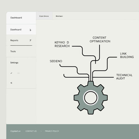 A simplified diagram depicts SEO processes using a central grey gear connected by lines to labels...