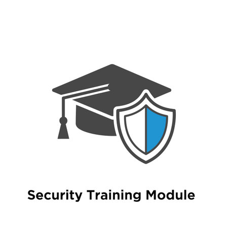 A simple vector graphic depicts a dark gray graduation cap and a shield with a blue half. The shield is positioned next to the cap, suggesting a connection between education and security. The style is minimalist and flat, using only three colors: dark gray, light blue, and white against a white background. The image is clean and easily understandable, conveying the concept of security training.  The text "Security Training Module" is present below the graphic.のイラスト素材