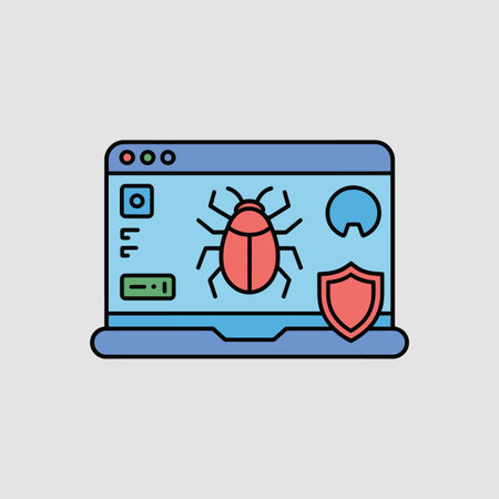 A stylized illustration depicts a laptop screen displaying a large red bug icon at its center.  The bug is detailed with black outlines and has six legs. To the right of the bug is a red shield icon, suggesting security or protection. The laptop is light blue with a dark blue base.  The screen background is light blue.  The overall style is flat and simple with bold outlines.  The color palette is limited to shades of blue, red, and black.のイラスト素材