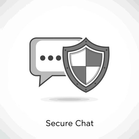 A grayscale illustration depicts a speech bubble and a quartered shield. The speech bubble is light grey with three dots suggesting a message. The shield is darker grey with a metallic rim and is positioned slightly overlapping the speech bubble. The style is simple and flat with minimal shading. The background is white.  The overall mood is one of security and trust.のイラスト素材