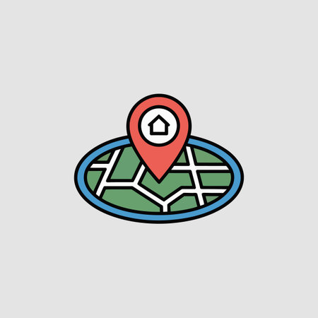 A simple vector illustration depicts a red location pin with a white house icon centered on a simplified green map section. The map is outlined in blue and has a stylized road network. The style is flat and minimal with clean lines and solid colors. The overall mood is informative and straightforward.  The image is suitable for use in applications related to real estate, navigation, or location-based services.のイラスト素材
