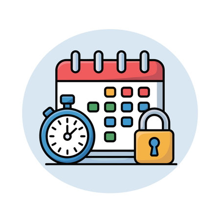 An illustration depicts a red calendar with colorful date blocks alongside a blue stopwatch and a yellow padlock. The style is flat and cartoonish with bold outlines. The overall color palette is bright and cheerful.  The image suggests concepts of scheduling, time management, and security. The objects are clearly defined against a light blue circular background.のイラスト素材