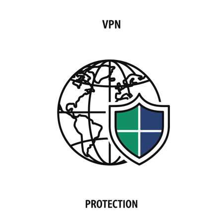 A simple line art illustration depicts a black outline of the world globe overlaid with a quartered shield in shades of green and blue.  The words "VPN" and "PROTECTION" are displayed above and below the image respectively. The style is minimalist and uses only black lines for the globe and shield, with solid fills of green and blue within the shield. The background is white. The image is a vector graphic.のイラスト素材