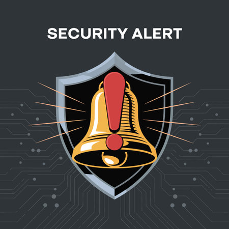 The image features a stylized gold bell with a red exclamation mark inside, positioned centrally within a black shield.  The shield has a metallic grey border.  The bell and shield are set against a dark grey background patterned with a circuit board design. The text "SECURITY ALERT" is displayed prominently at the top. The overall style is graphic and illustrative, with bold colors and clean lines. The mood is one of urgent warning or notification.のイラスト素材