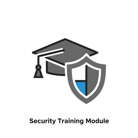 A vector graphic depicting a gray graduation cap and a gray shield with a blue section.  The cap is positioned slightly above and to the left of the shield.  The style is simple line art with solid fills. The background is white. The overall mood is informative and professional. The image is suitable for use in presentations, websites, or educational materials related to security training.のイラスト素材