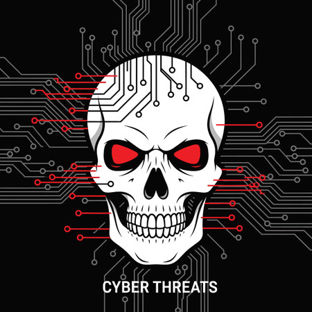 A stylized graphic depicts a white skull with glowing red eyes superimposed on a circuit board pattern. The skull is centrally positioned against a black background.  The circuit board design is rendered in shades of gray with red accents highlighting key connections. The overall style is bold and graphic, with a strong contrast between the white skull and the dark background. The text "CYBER THREATS" is displayed below the skull. The image conveys a sense of digital danger and security risk.のイラスト素材