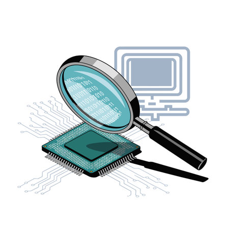 An isometric illustration depicts a magnifying glass positioned over a teal computer microchip.  The chip is detailed with numerous pins and circuit lines.  The magnifying glass reveals binary code within its lens.  A stylized computer monitor icon is subtly present in the background. The overall color palette is cool, with shades of teal, blue, and gray dominating. The style is clean and technical, suggesting a focus on technological detail and analysis.のイラスト素材