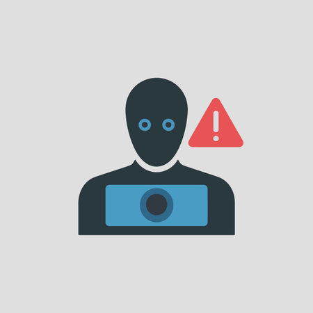 A simple flat design illustration depicts a dark grey person icon with a light blue rectangle representing money on their chest. A red triangle with an exclamation mark indicates a warning or alert. The style is minimal and uses a limited color palette of dark grey, light blue, and red. The image is suitable for use in digital contexts related to financial security, online transactions, or risk management.のイラスト素材