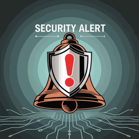 A stylized illustration depicts a copper bell with a silver shield featuring a red exclamation point. The bell sits atop a circuit board pattern against a dark teal circular background. The words "SECURITY ALERT" are displayed above the bell. The style is vector-based, with bold outlines and flat coloring. The overall mood is one of caution and warning, emphasizing the importance of security. The image uses a limited color palette, primarily copper, silver, red, and dark teal.のイラスト素材