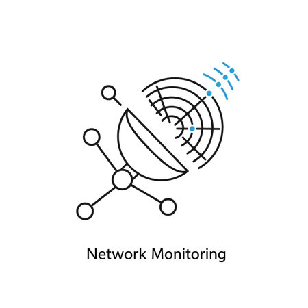 A stylized line art icon depicting a network monitoring system. The illustration features a satellite dish-like structure in black outline with interconnected circles representing nodes.  Blue lines indicate signals emanating from and connecting to the central structure. The style is minimalist and abstract, using only lines and small filled circles for visual elements against a white background. The overall mood is clean and technical.のイラスト素材