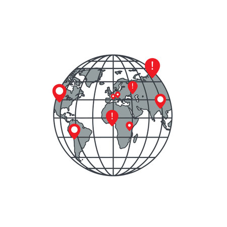 The image depicts a simplified gray globe with a grid pattern overlaid.  Several red location markers are placed on various continents, each marker containing an exclamation point. The style is minimalist and vector-based, using only two main colors: gray and red. The overall mood is one of global connectivity with a focus on specific locations indicated by the alerts. The continents are represented in a simplified, easily recognizable manner.  The image is clean and uncluttered, suitable for various applications.のイラスト素材